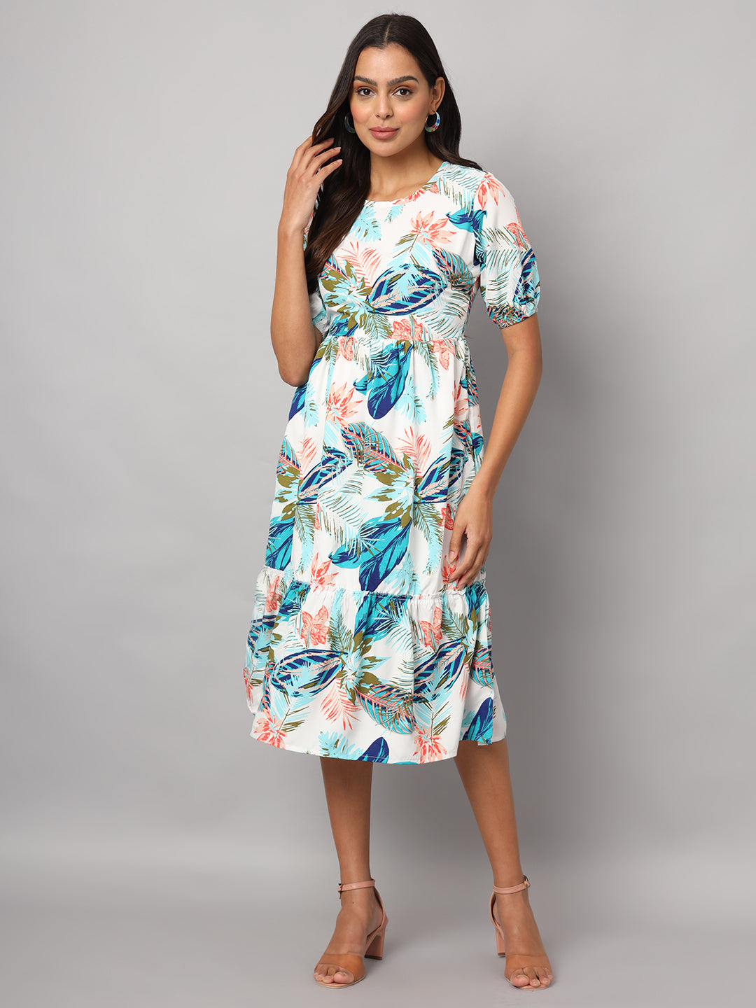 Printed Puff Sleeve Fit & Flare Midi Dress
