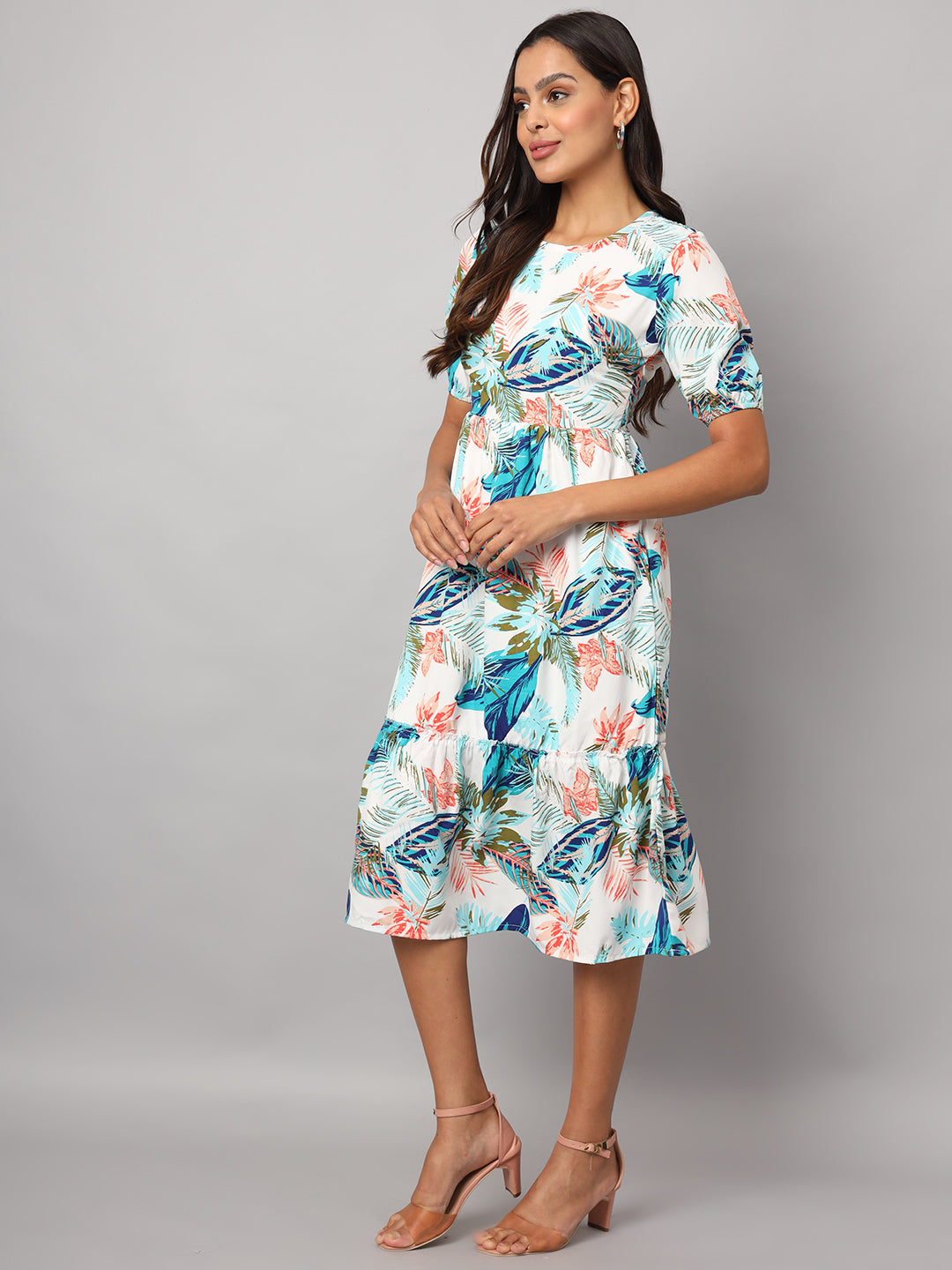 Printed Puff Sleeve Fit & Flare Midi Dress