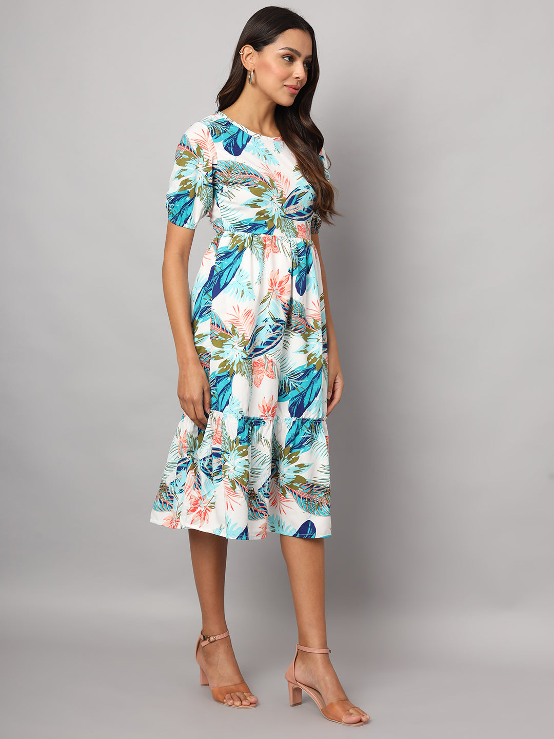 Printed Puff Sleeve Fit & Flare Midi Dress