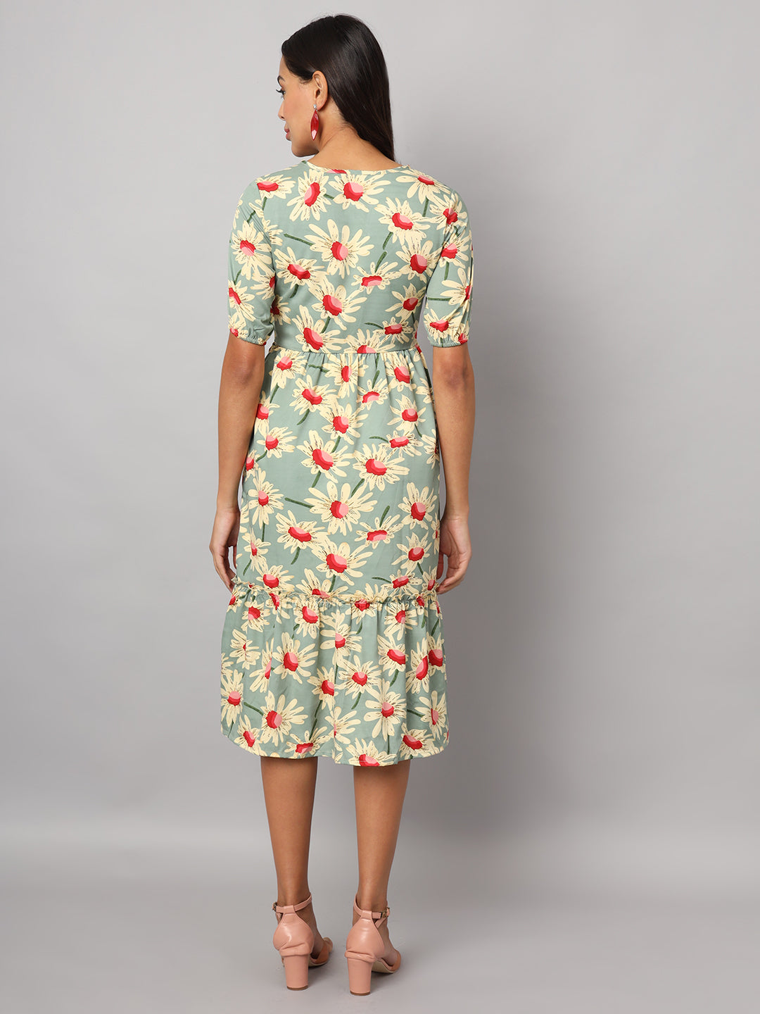 Printed Puff Sleeve Fit & Flare Midi Dress