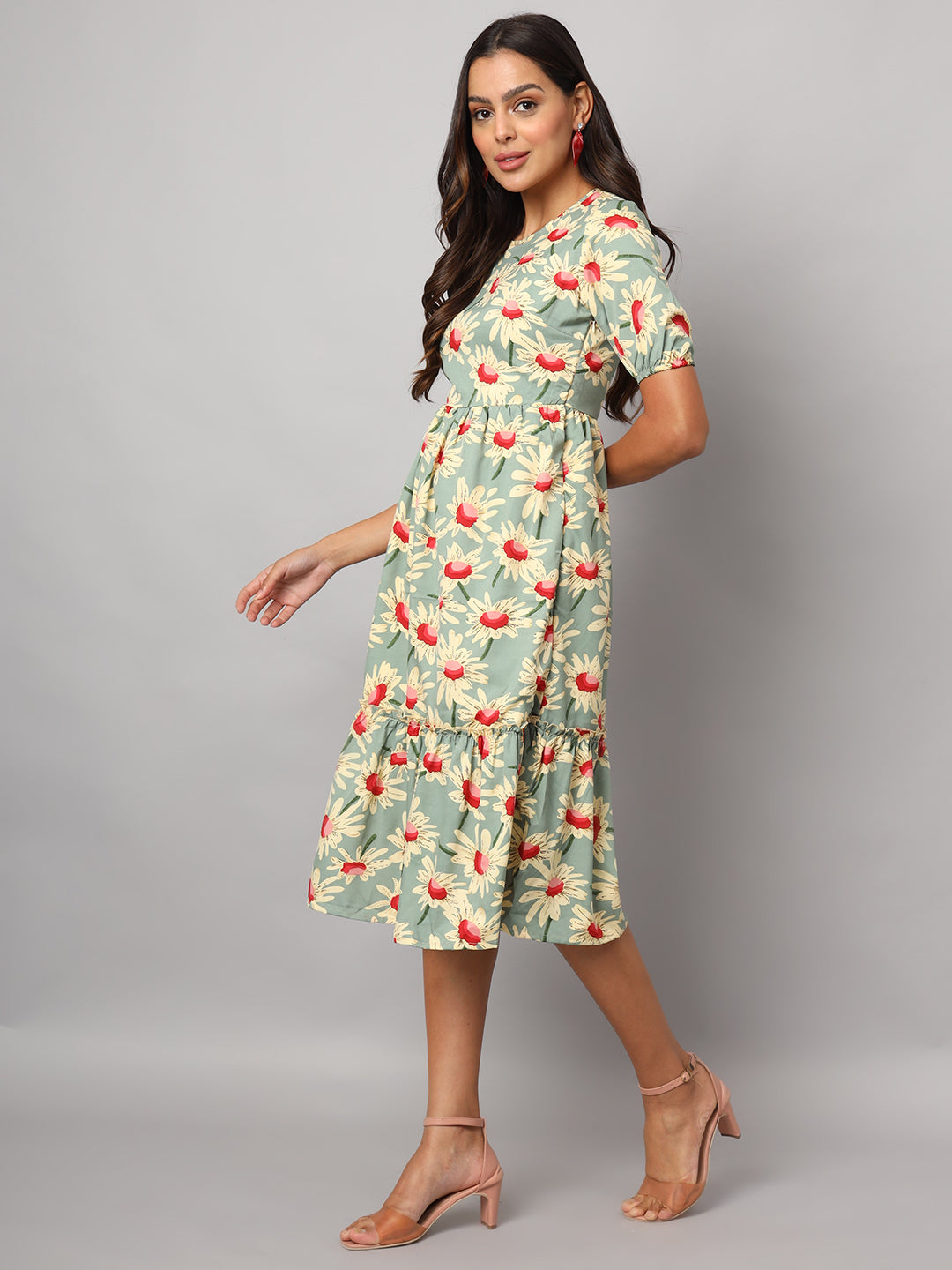 Printed Puff Sleeve Fit & Flare Midi Dress