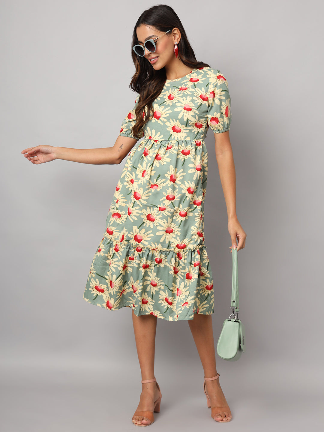 Printed Puff Sleeve Fit & Flare Midi Dress