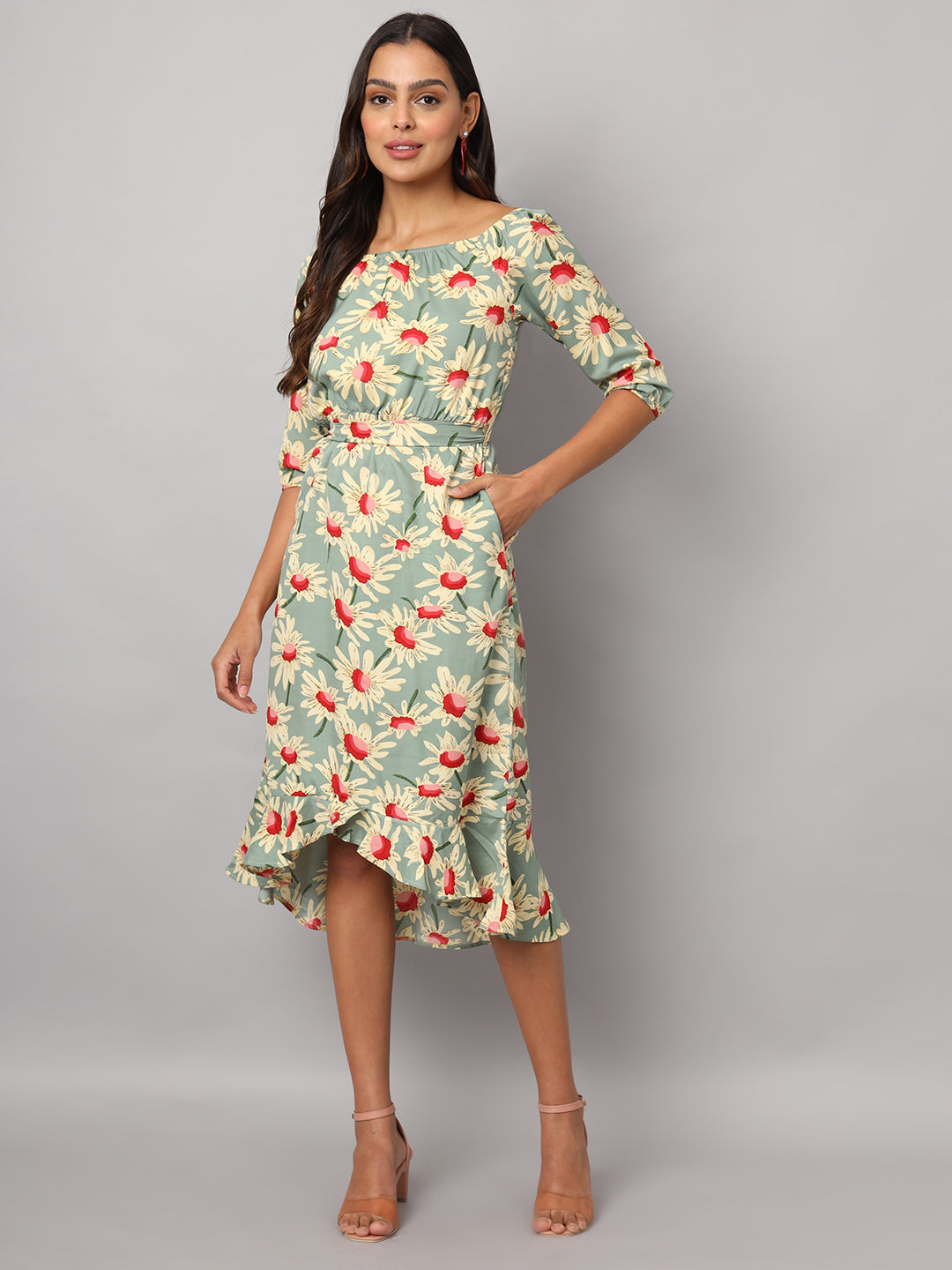 Printed Off-Shoulder A-Line Midi Dress