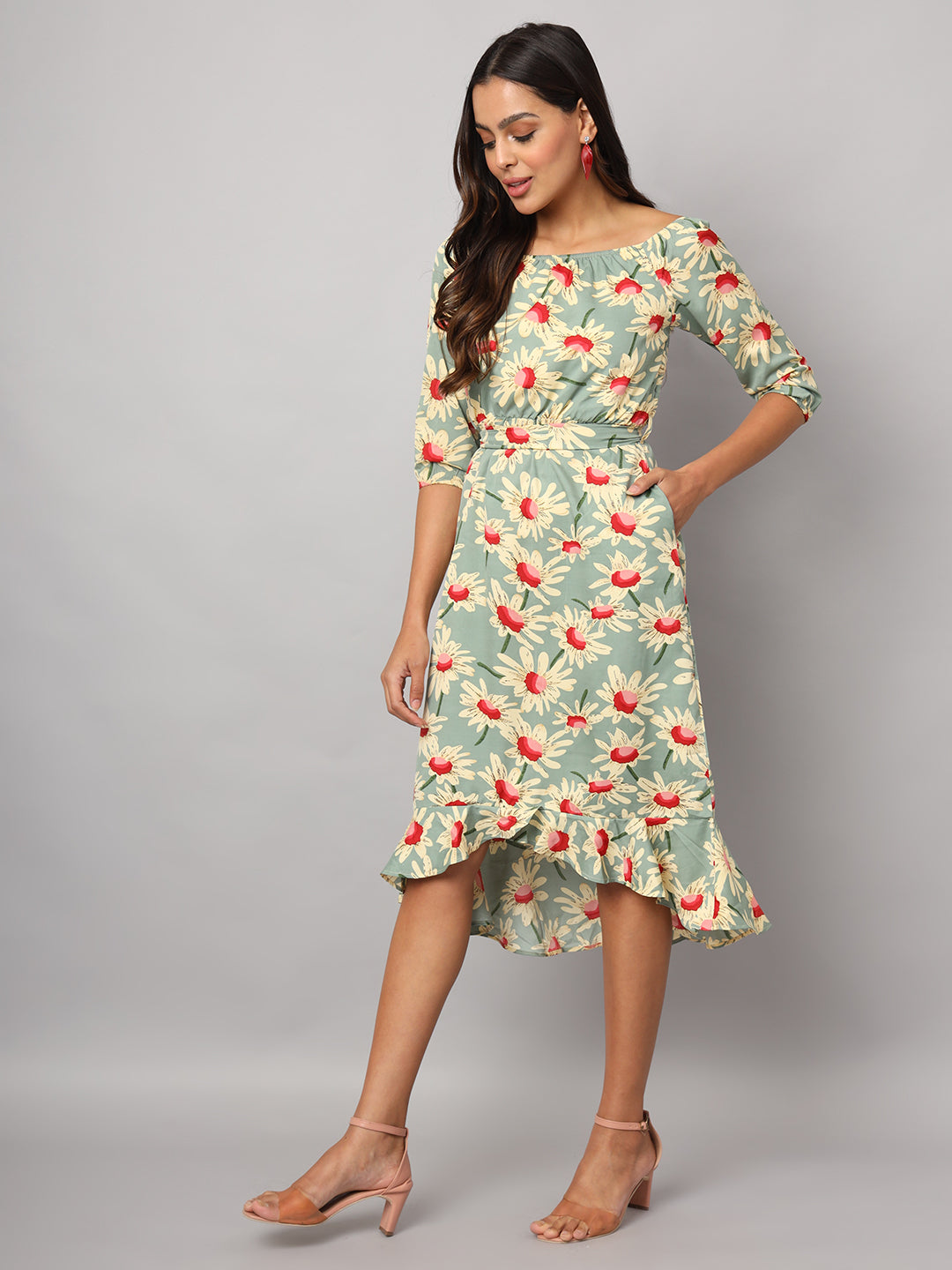 Printed Off-Shoulder A-Line Midi Dress