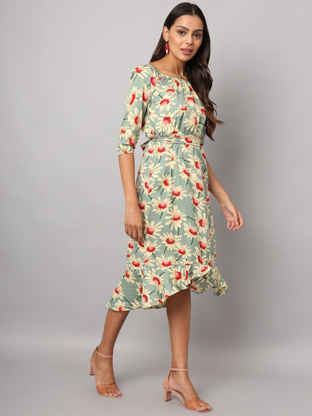Printed Off-Shoulder A-Line Midi Dress