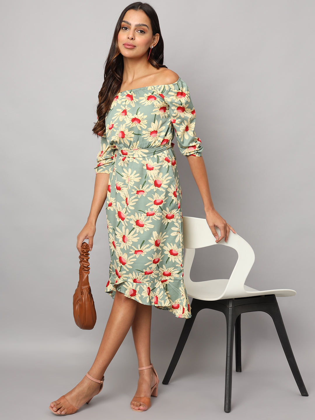 Printed Off-Shoulder A-Line Midi Dress