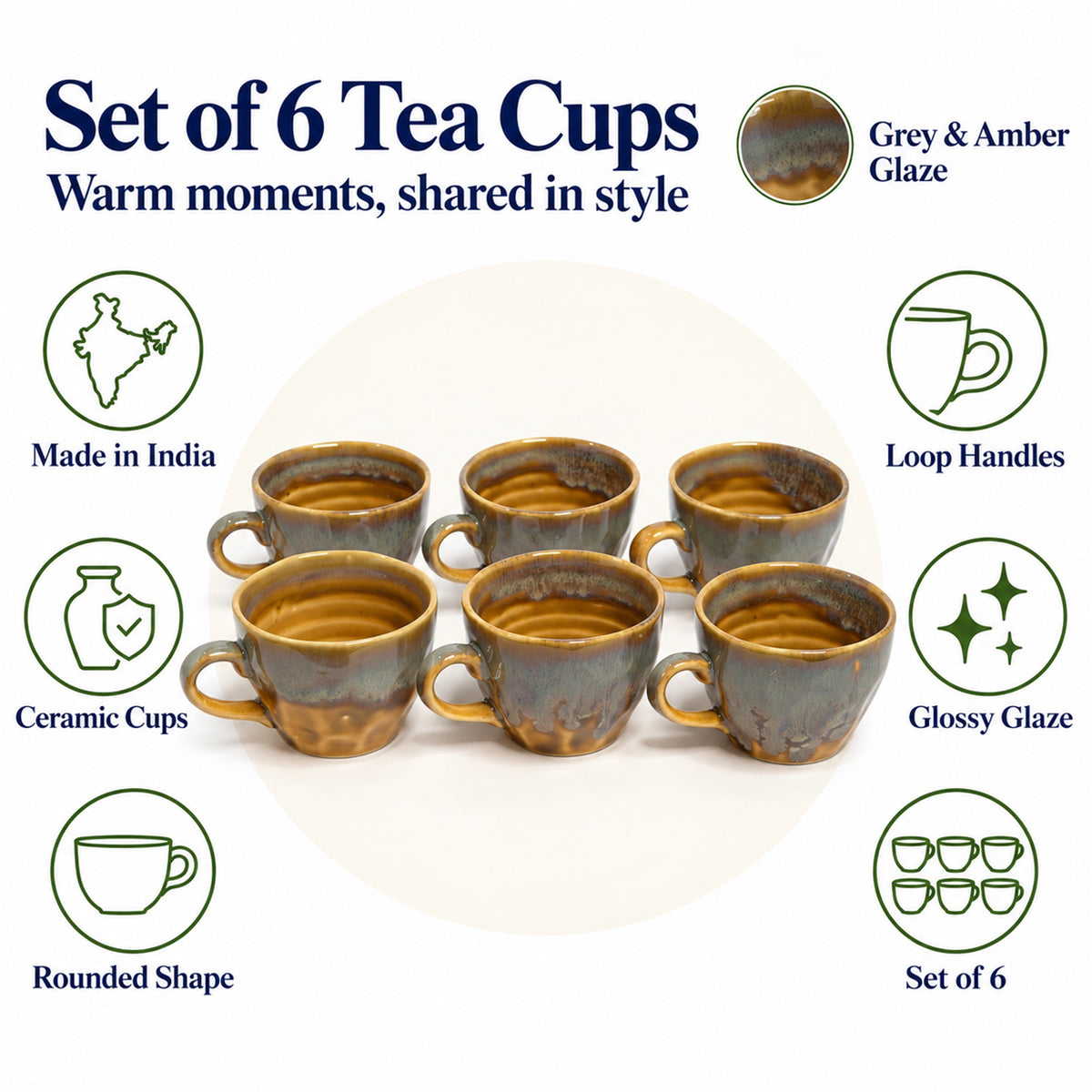 Coffee Mugs Set of 6 | Brown Golden | 220 ml