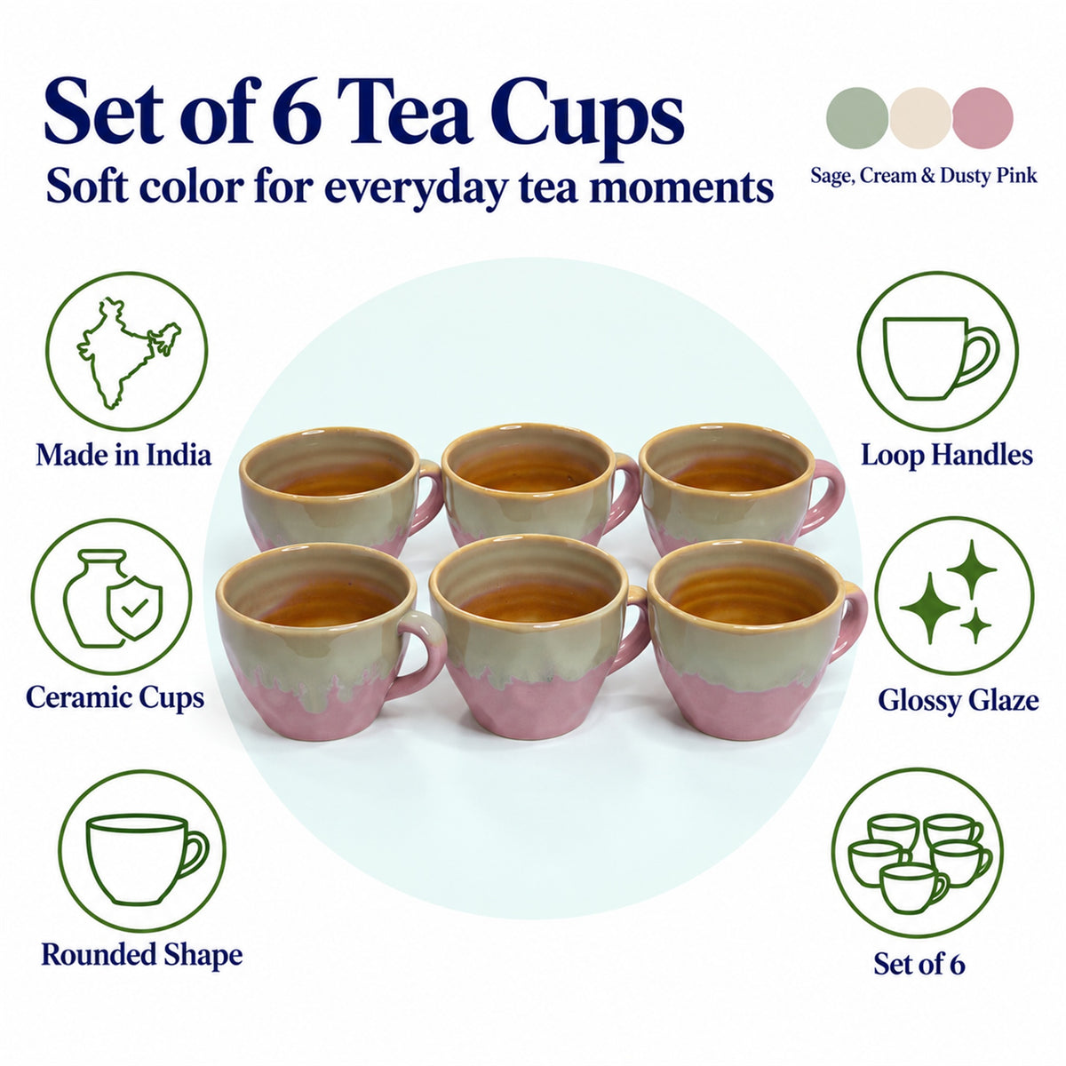 Coffee Mugs Set of 6 | Pink - Brown | 220 ml