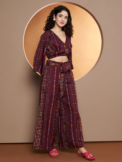 Printed V-Neck Top With Palazzo