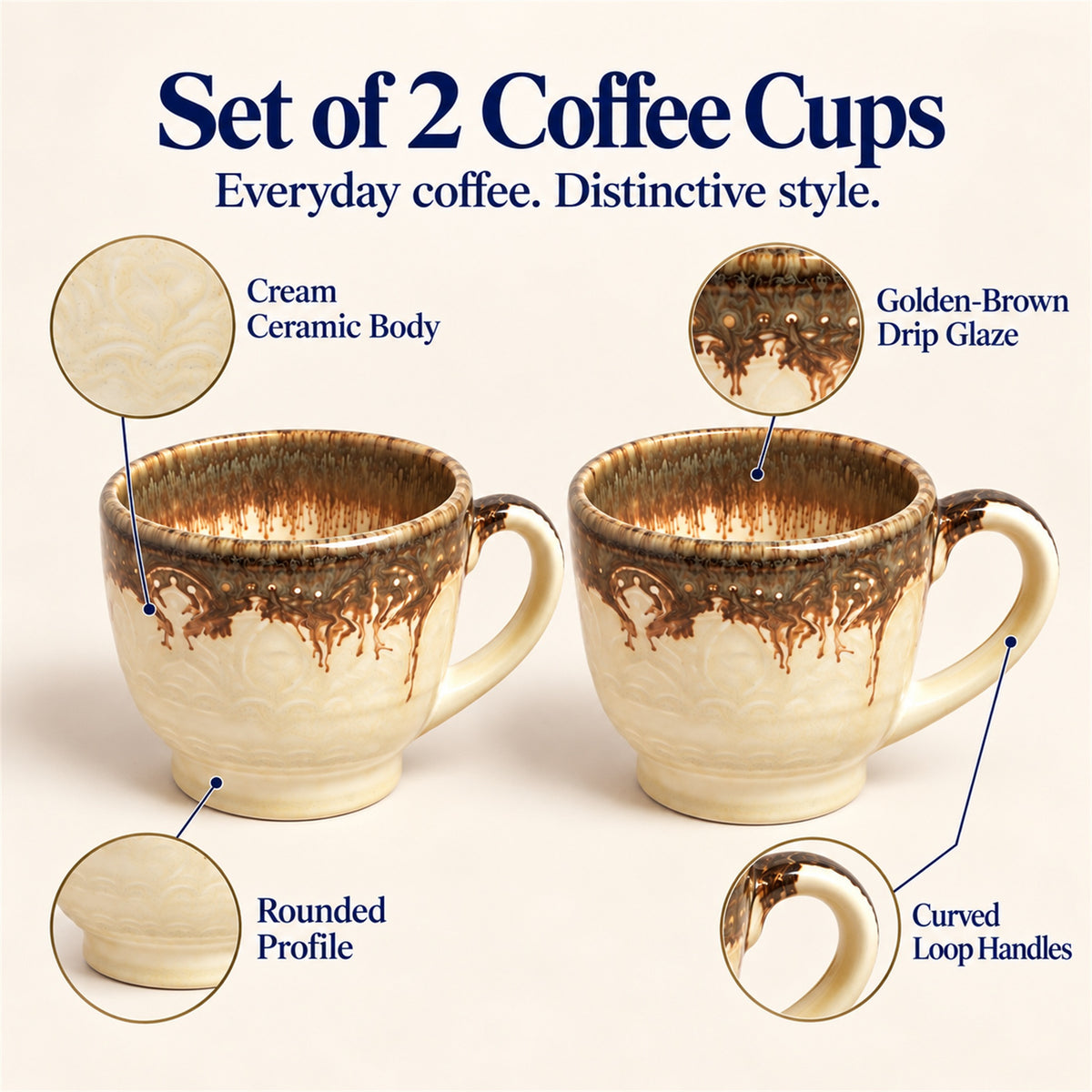 Coffee Mugs Set | Cream - Brown | 350 ml
