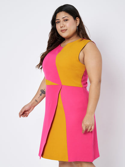 Plus Size Colourblocked Round Neck A-Line Dress