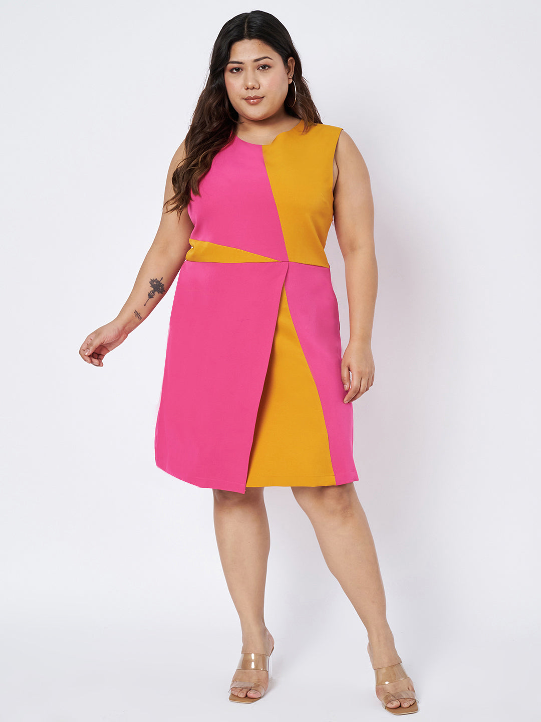 Plus Size Colourblocked Round Neck A-Line Dress