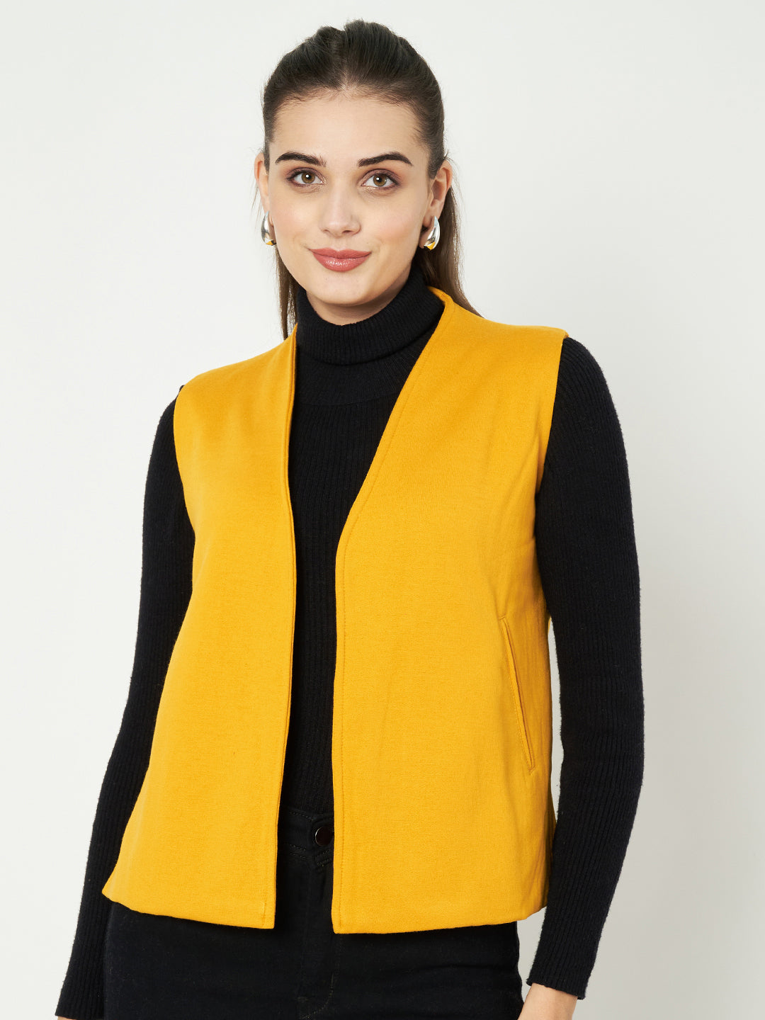 Solid Open-Front V-Neck Casual Waistcoat