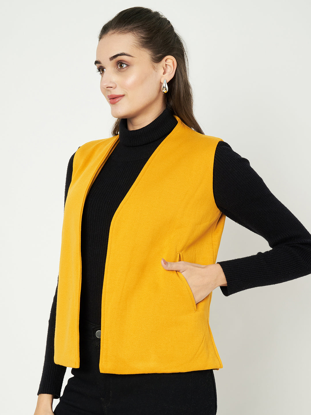 Solid Open-Front V-Neck Casual Waistcoat