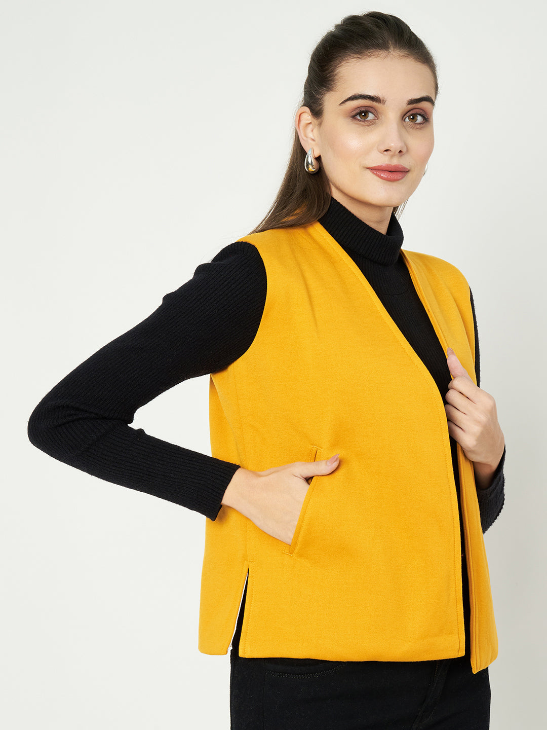 Solid Open-Front V-Neck Casual Waistcoat