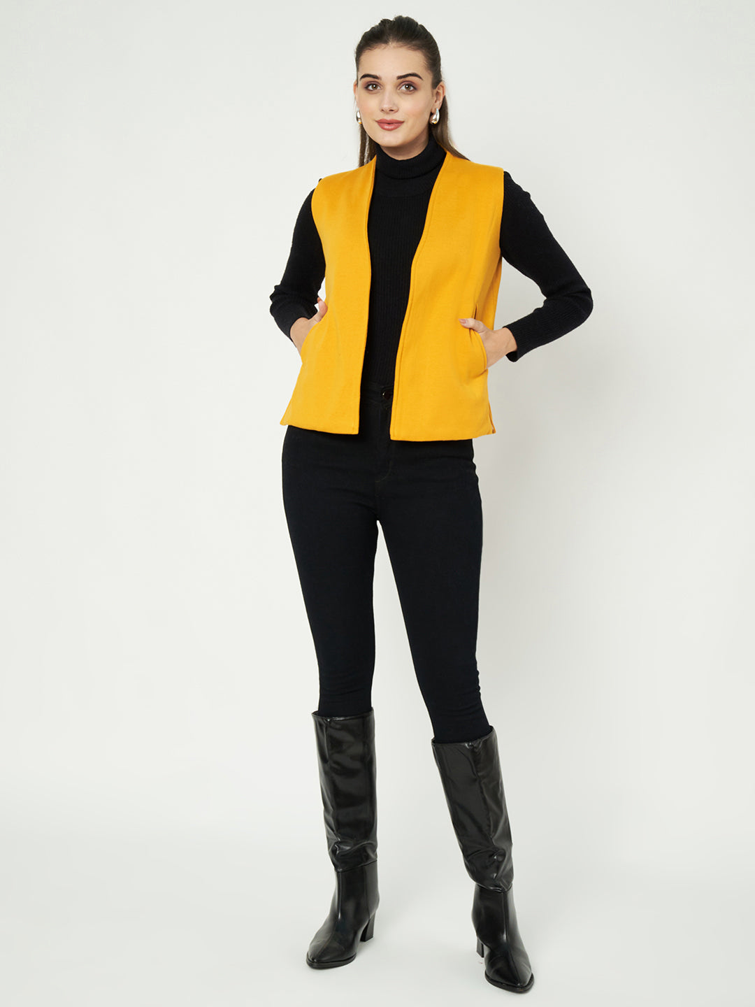Solid Open-Front V-Neck Casual Waistcoat