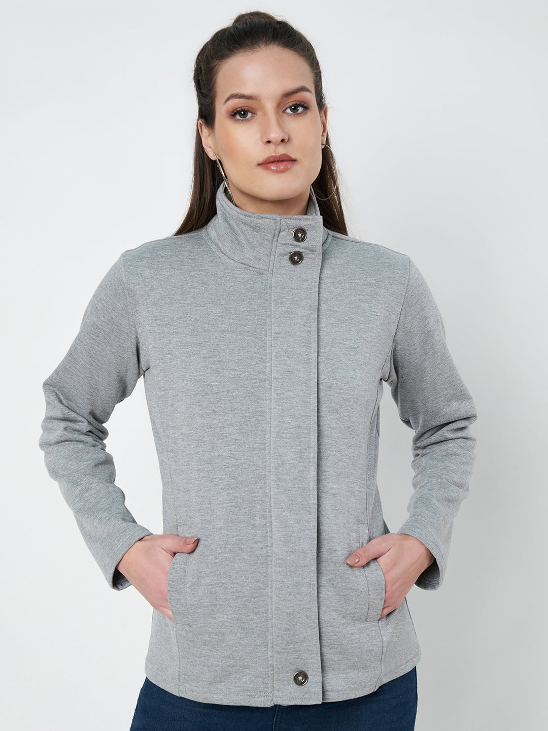 Mock Collar Fleece Front-Open Sweatshirt