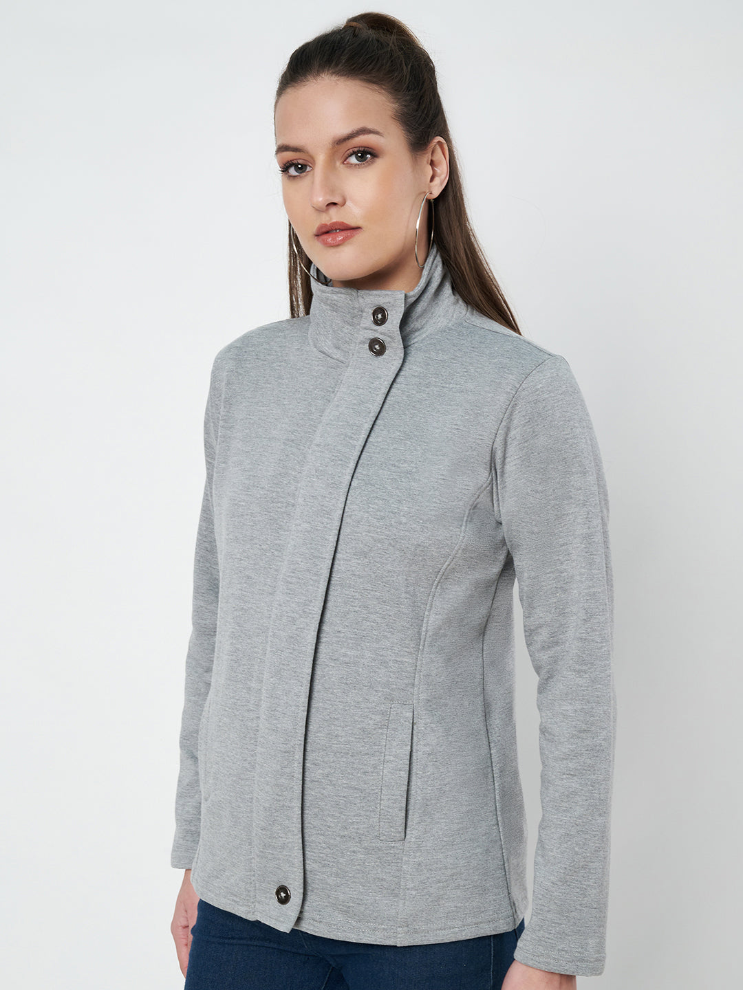 Mock Collar Fleece Front-Open Sweatshirt