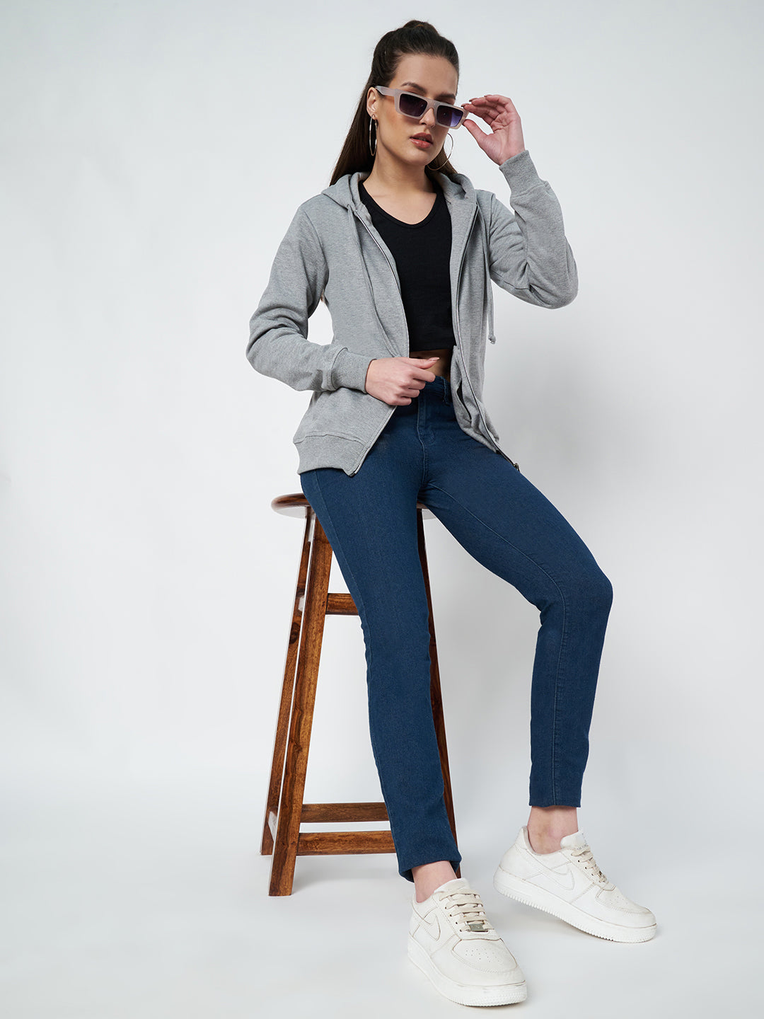 Solid Fleece-Lined Zip-Closure Hooded Sweatshirt with Pockets