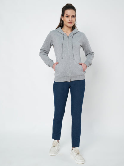 Solid Fleece-Lined Zip-Closure Hooded Sweatshirt with Pockets