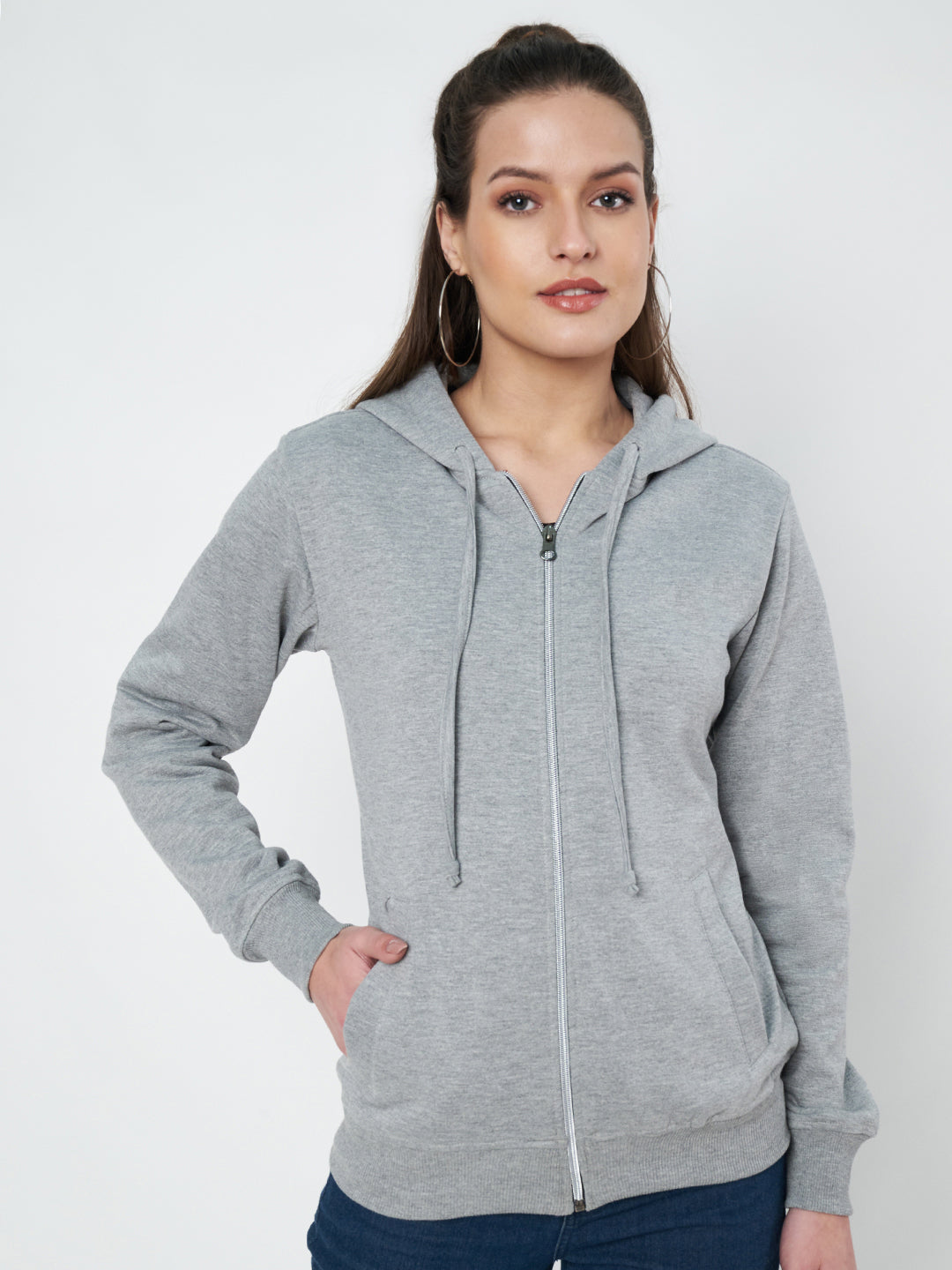 Solid Fleece-Lined Zip-Closure Hooded Sweatshirt with Pockets