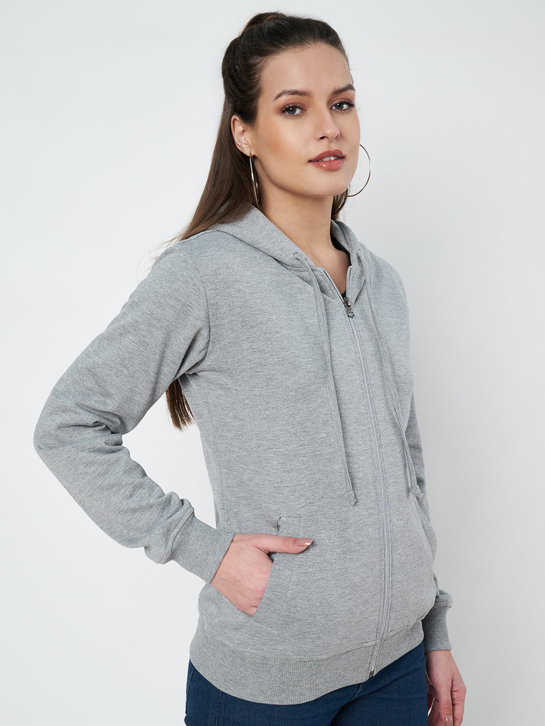 Solid Fleece-Lined Zip-Closure Hooded Sweatshirt with Pockets