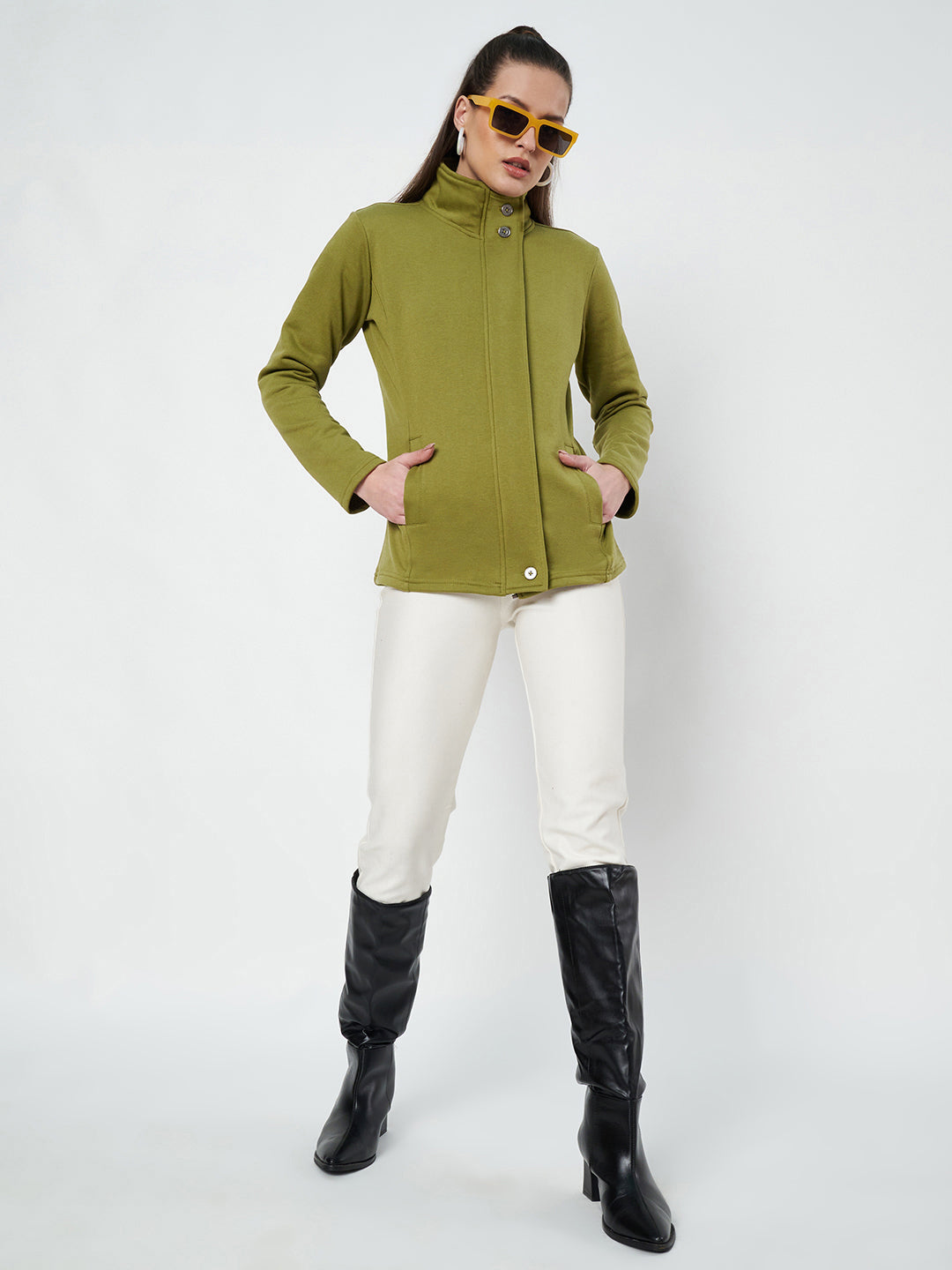 Mock Collar Fleece Front-Open Sweatshirt