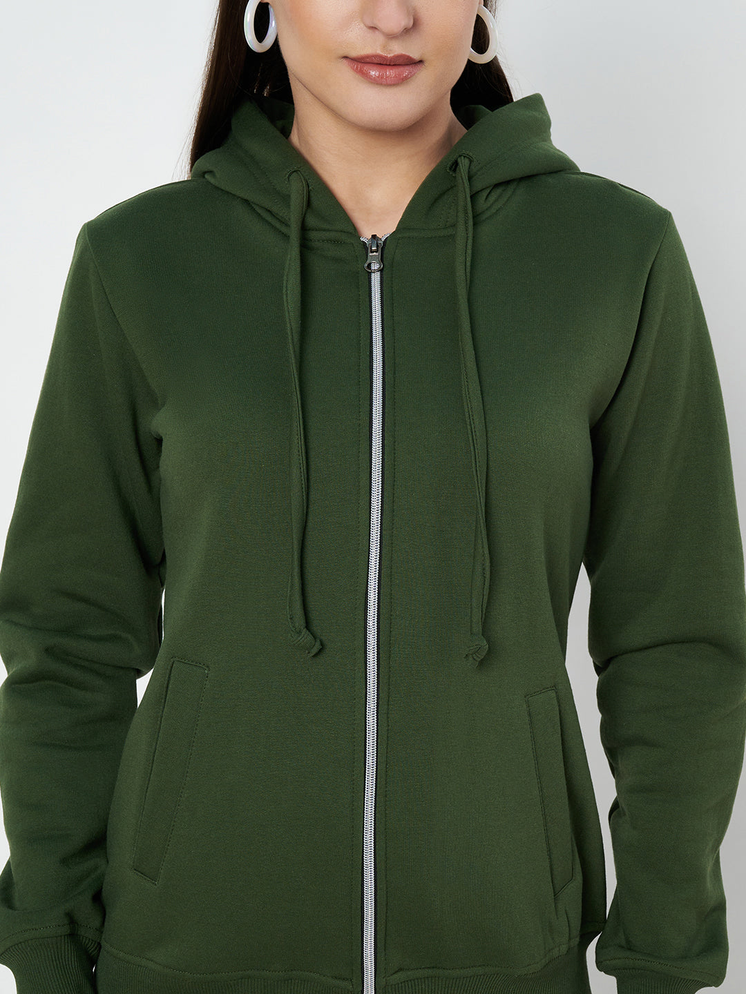 Solid Fleece-Lined Zip-Closure Hooded Sweatshirt with Pockets