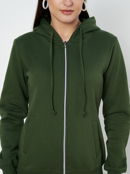 Solid Fleece-Lined Zip-Closure Hooded Sweatshirt with Pockets