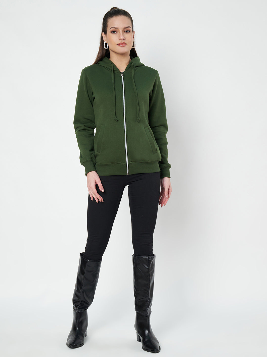 Solid Fleece-Lined Zip-Closure Hooded Sweatshirt with Pockets