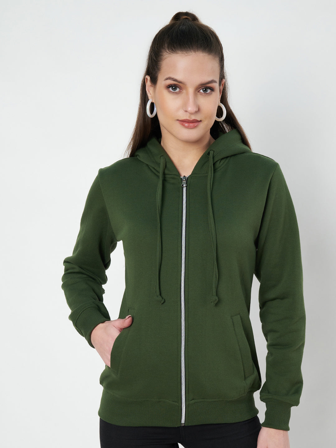 Solid Fleece-Lined Zip-Closure Hooded Sweatshirt with Pockets