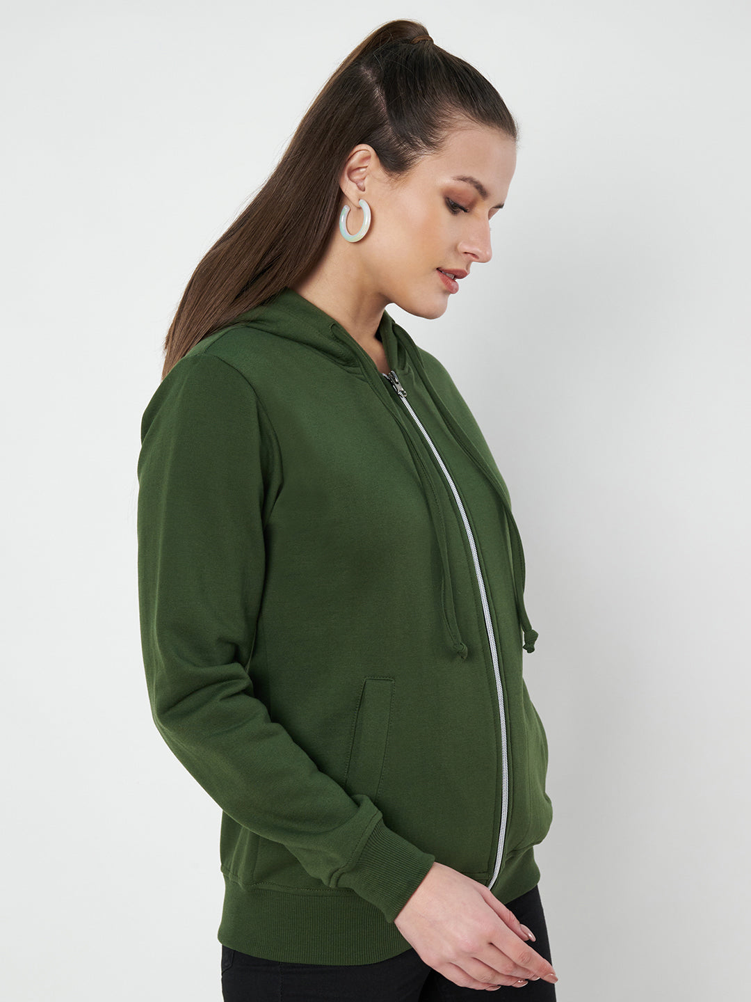 Solid Fleece-Lined Zip-Closure Hooded Sweatshirt with Pockets