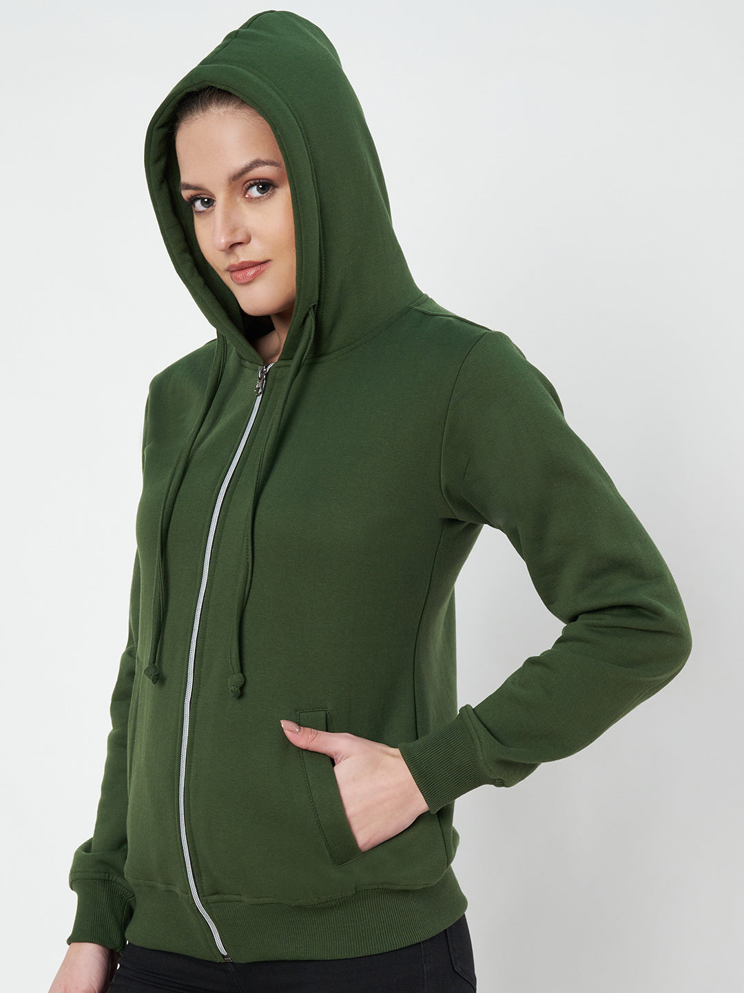 Solid Fleece-Lined Zip-Closure Hooded Sweatshirt with Pockets