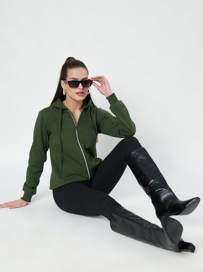 Solid Fleece-Lined Zip-Closure Hooded Sweatshirt with Pockets