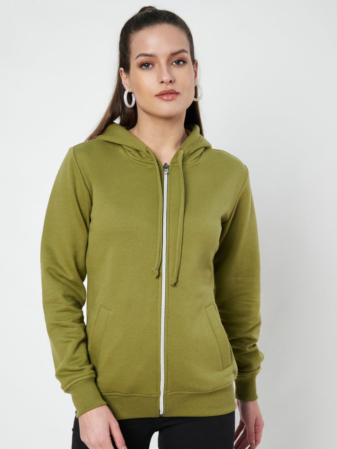 Solid Fleece-Lined Zip-Closure Hooded Sweatshirt with Pockets