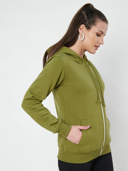Solid Fleece-Lined Zip-Closure Hooded Sweatshirt with Pockets