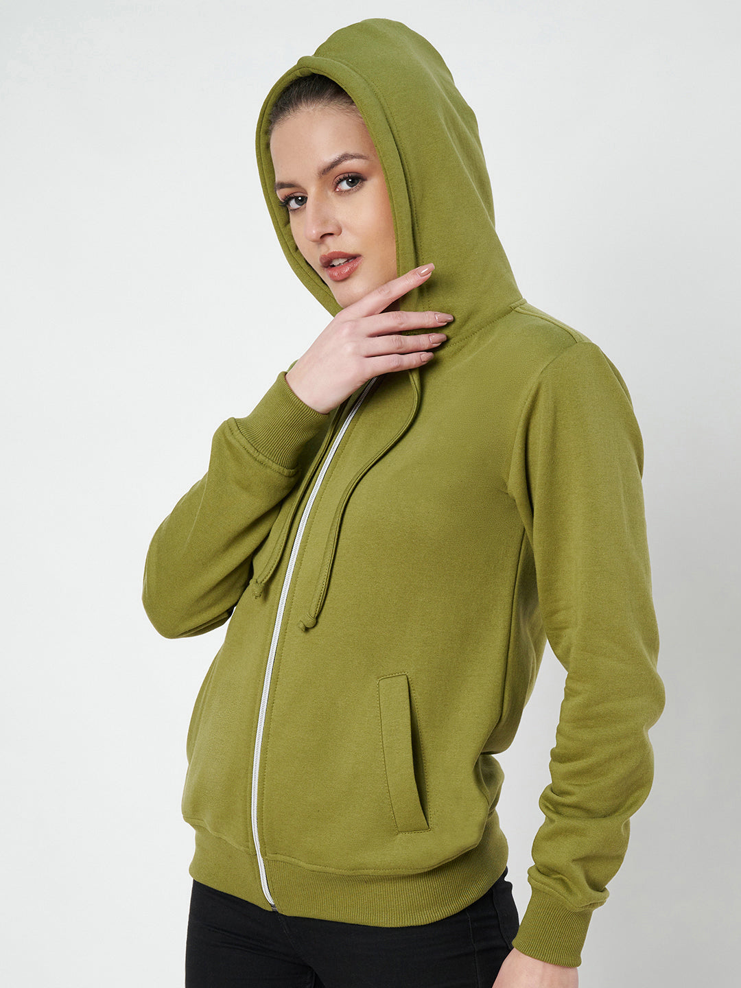 Solid Fleece-Lined Zip-Closure Hooded Sweatshirt with Pockets