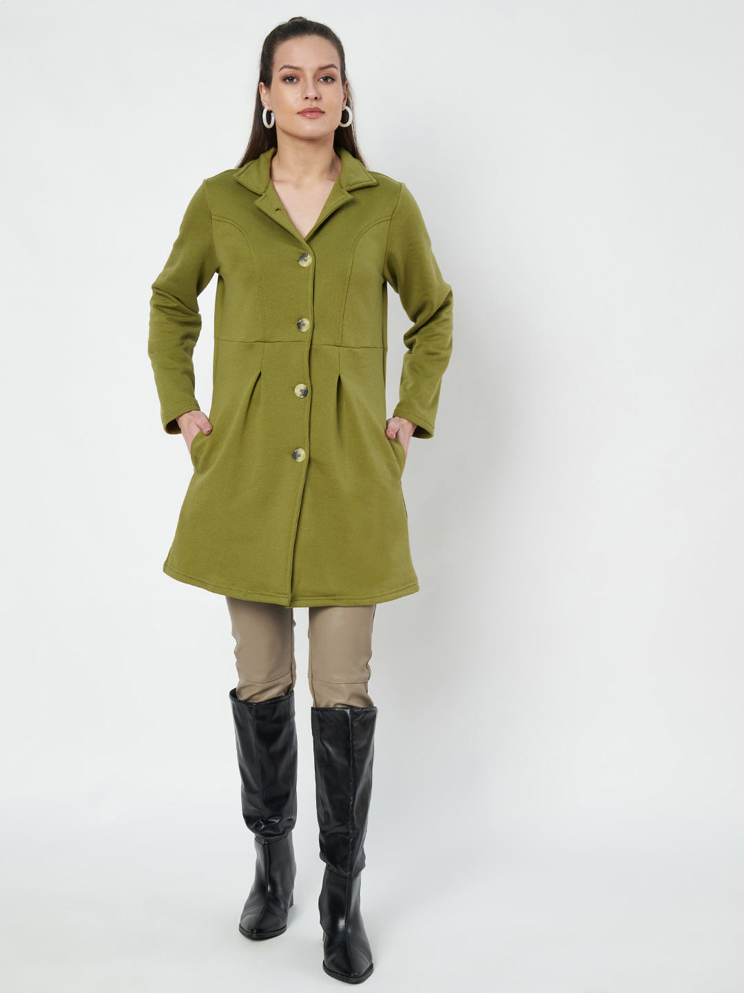 Notched Collar Hip Length Fleece Overcoat