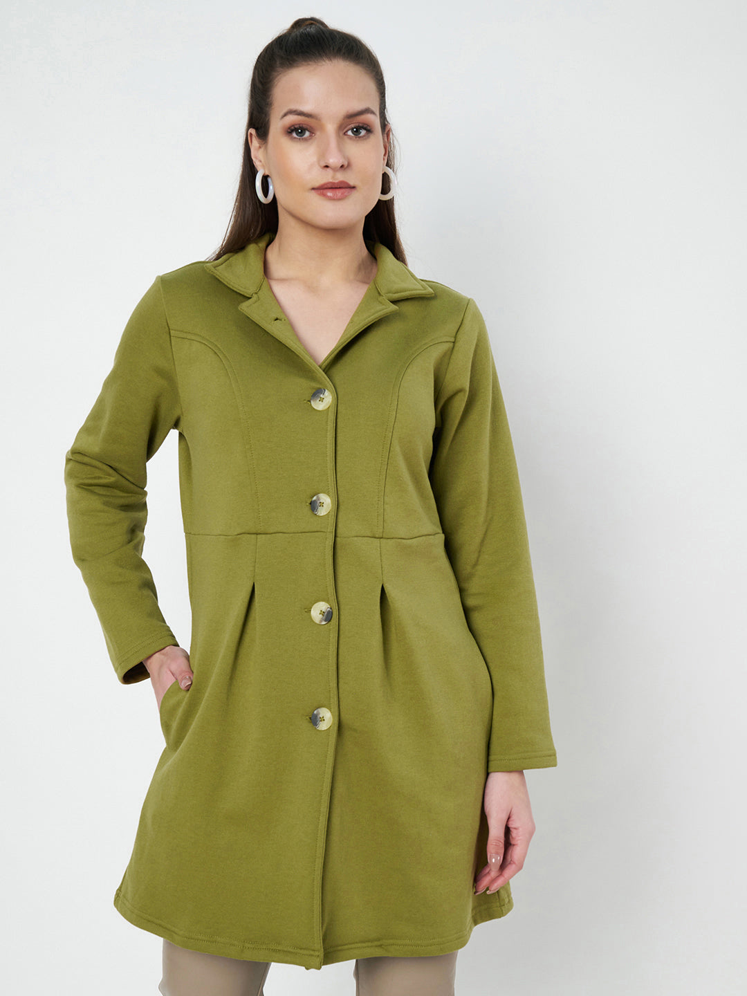 Notched Collar Hip Length Fleece Overcoat