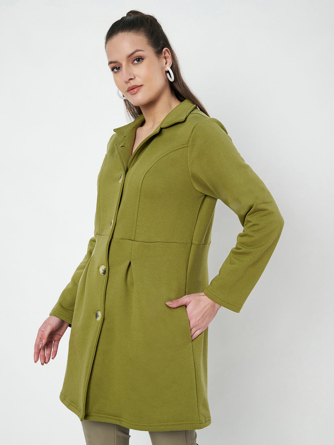 Notched Collar Hip Length Fleece Overcoat