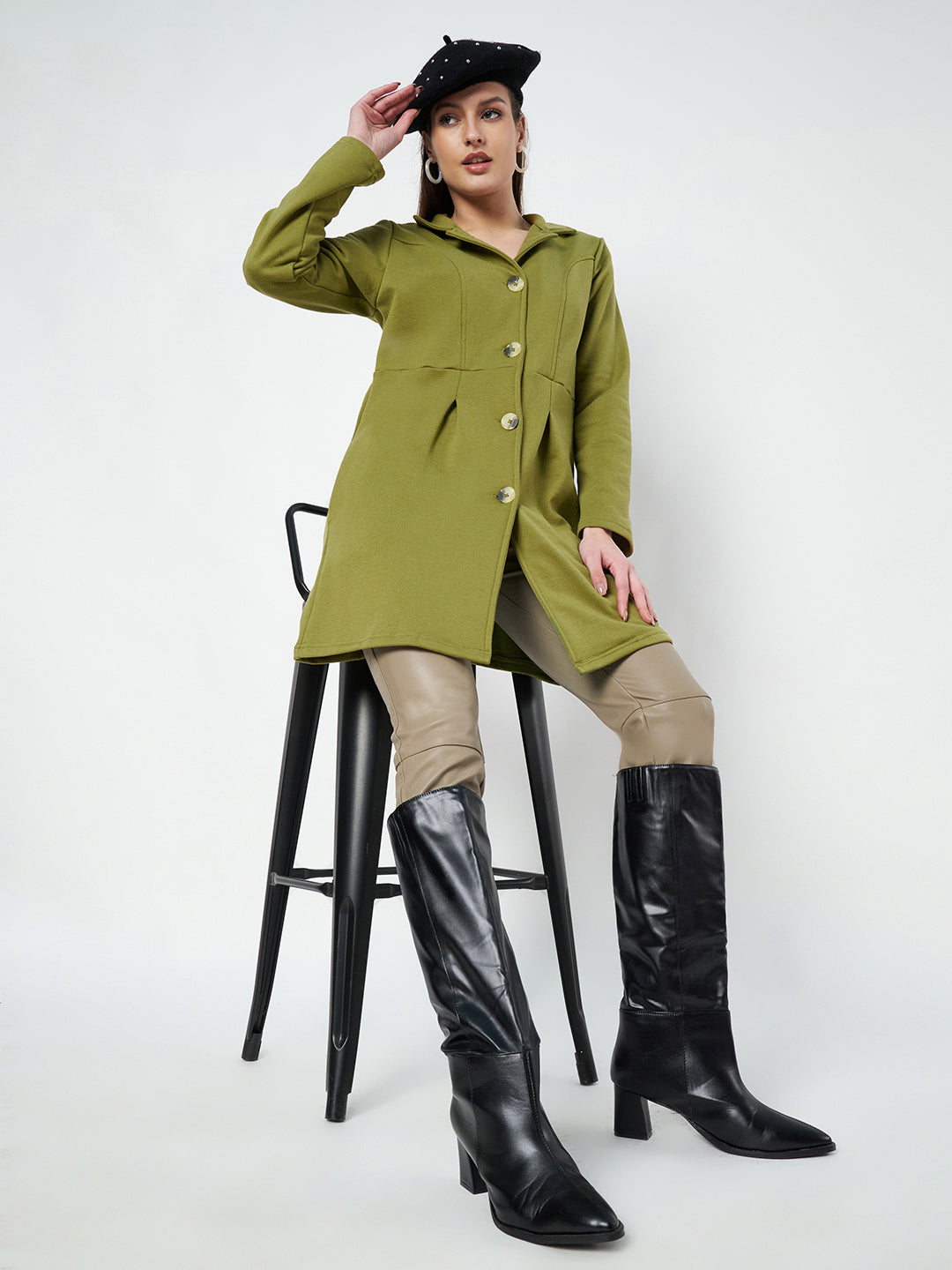 Notched Collar Hip Length Fleece Overcoat