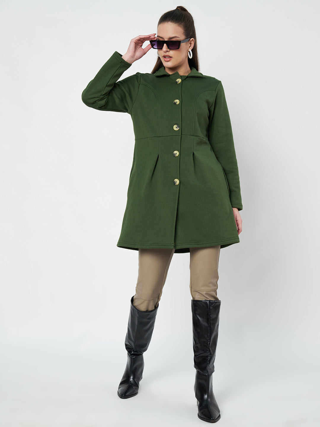 Notched Collar Hip Length Fleece Overcoat