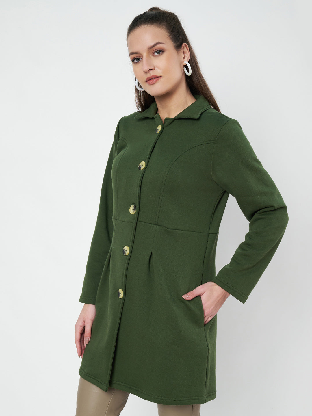 Notched Collar Hip Length Fleece Overcoat