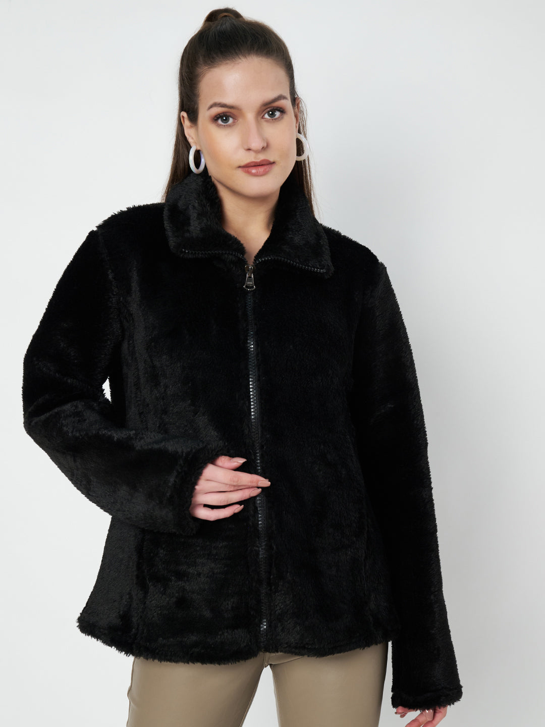 Mock Collar Faux Fur Casual Lightweight Parka Jacket
