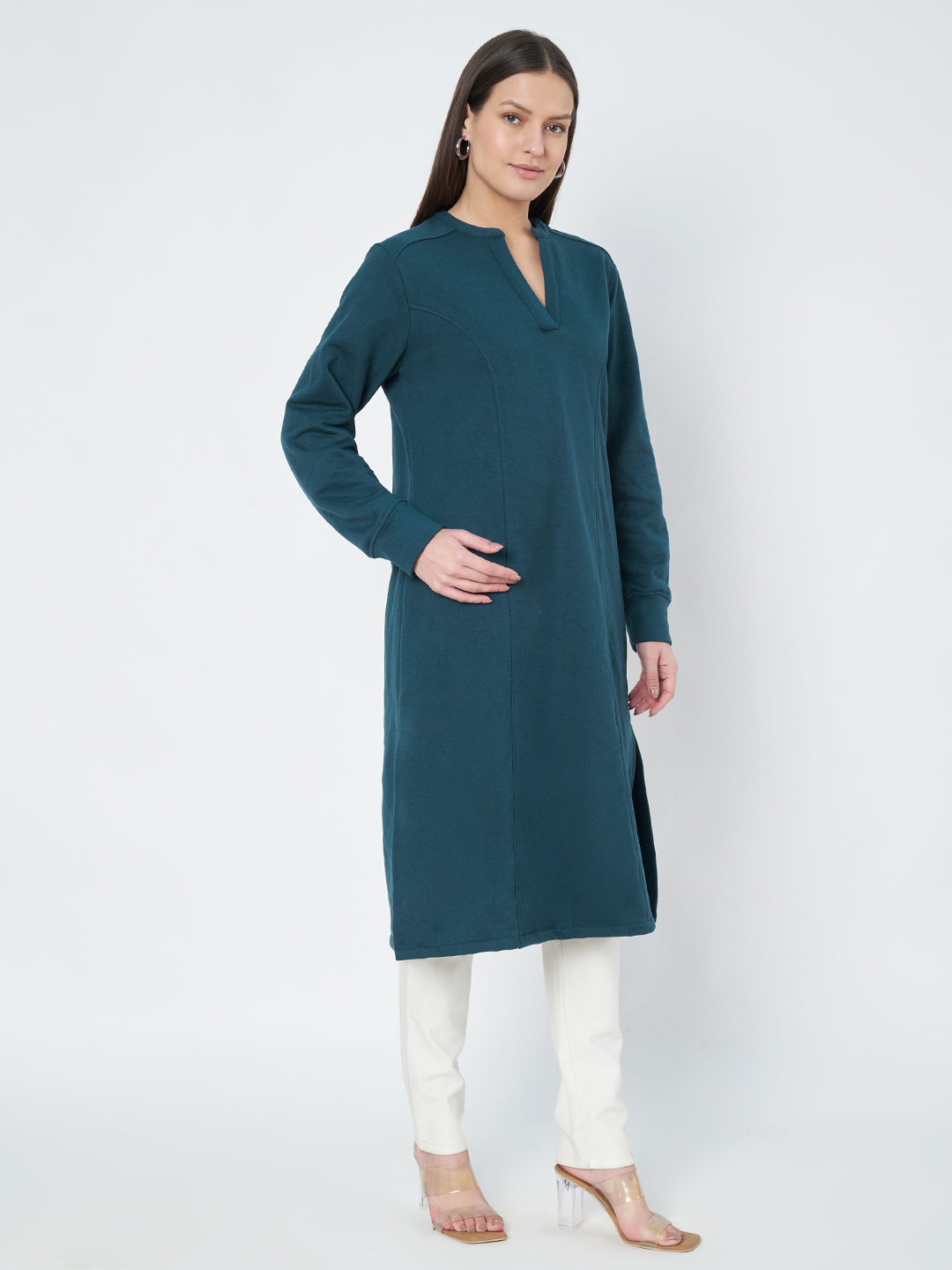A-Line Dress with V-Neck Split Mandarin Collar