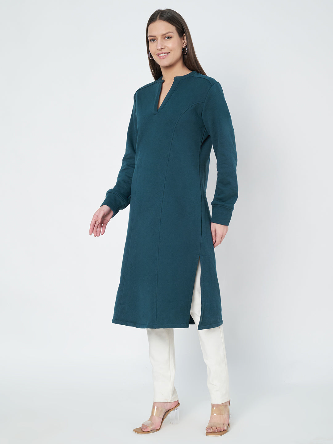 A-Line Dress with V-Neck Split Mandarin Collar