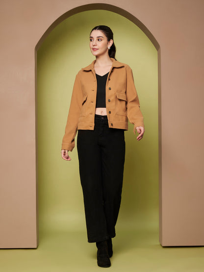 Solid Woven Jacket with Utility Pockets & Spread Collar