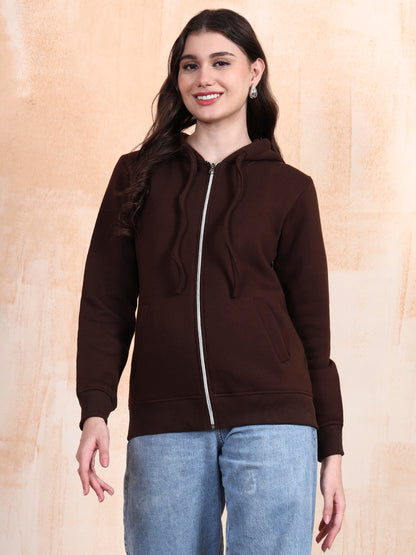 Solid Fleece-Lined Zip-Closure Hooded Sweatshirt with Pockets