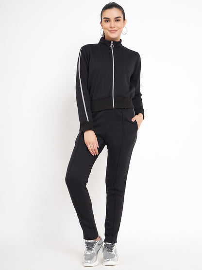 Women Solid Mock Collar Tracksuit