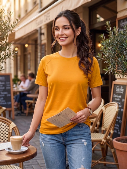 BRINNS Women Solid Raglan Sleeves Round Neck Cotton T-shirt